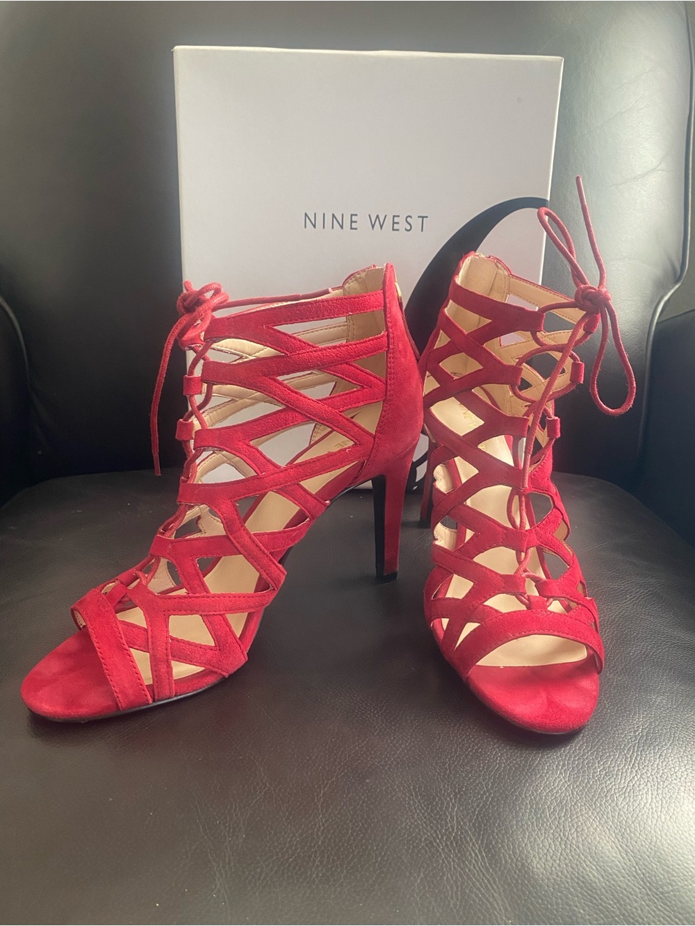 Nine West Red Strappy Cage Lace-Up Stiletto Heels